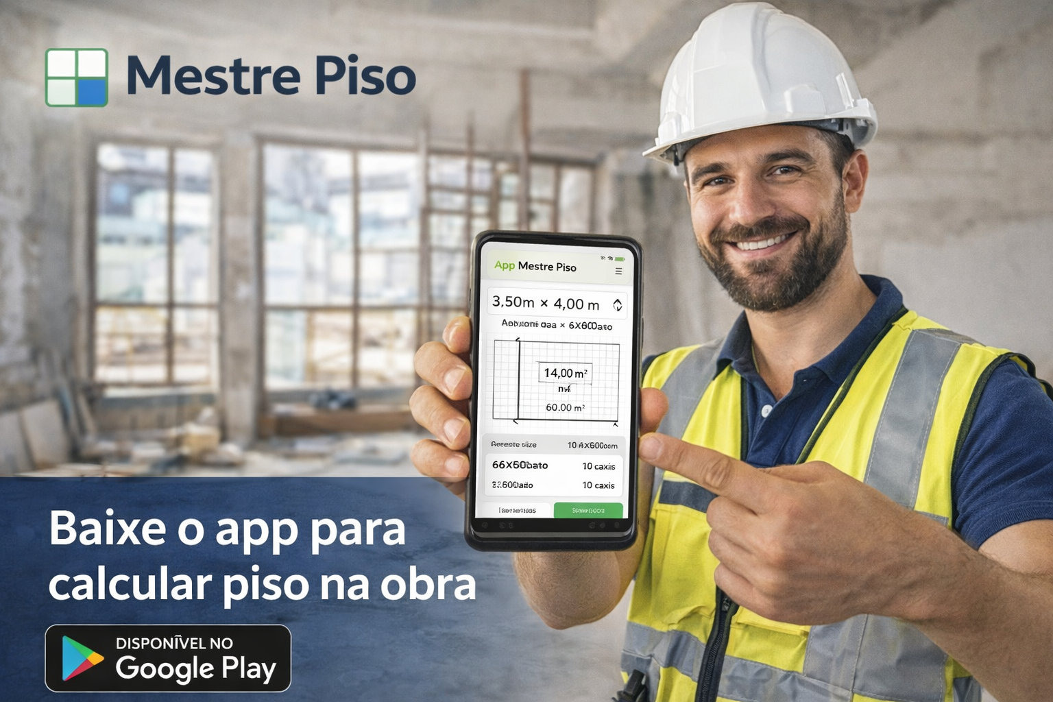 Aplicativo Mestre Piso exibido no celular