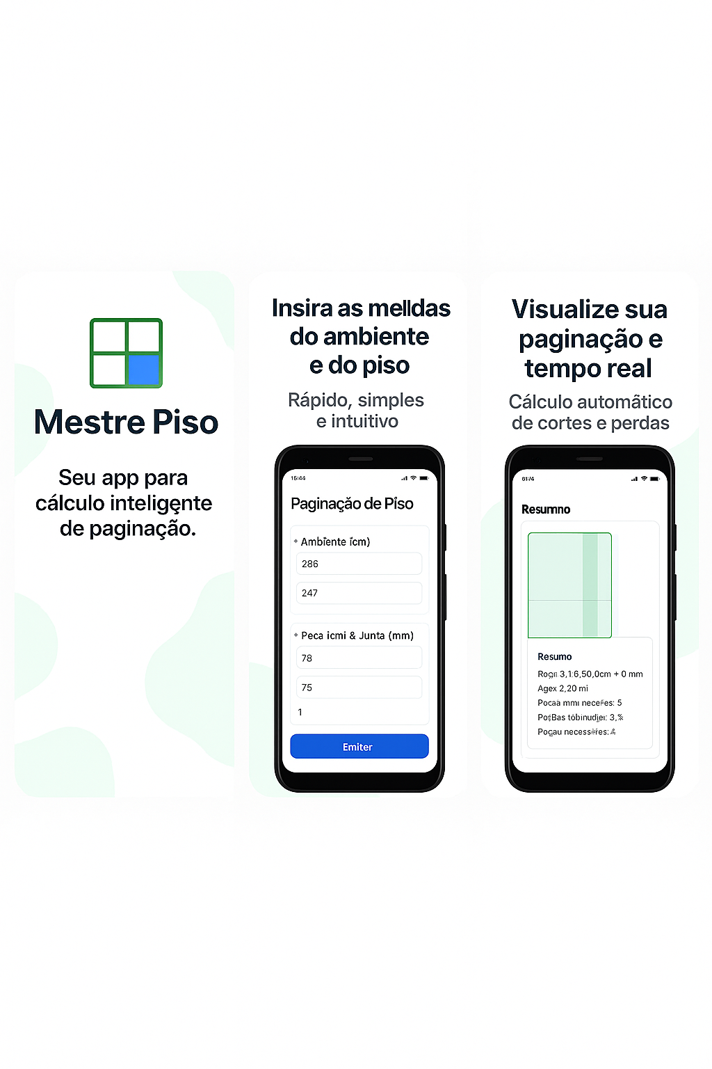 Telas do app Mestre Piso mostrando entrada de medidas e resumo