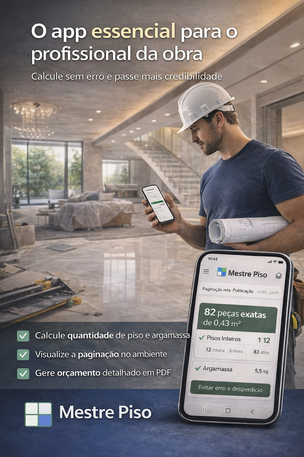 Profissional usando o app Mestre Piso em ambiente de obra moderno