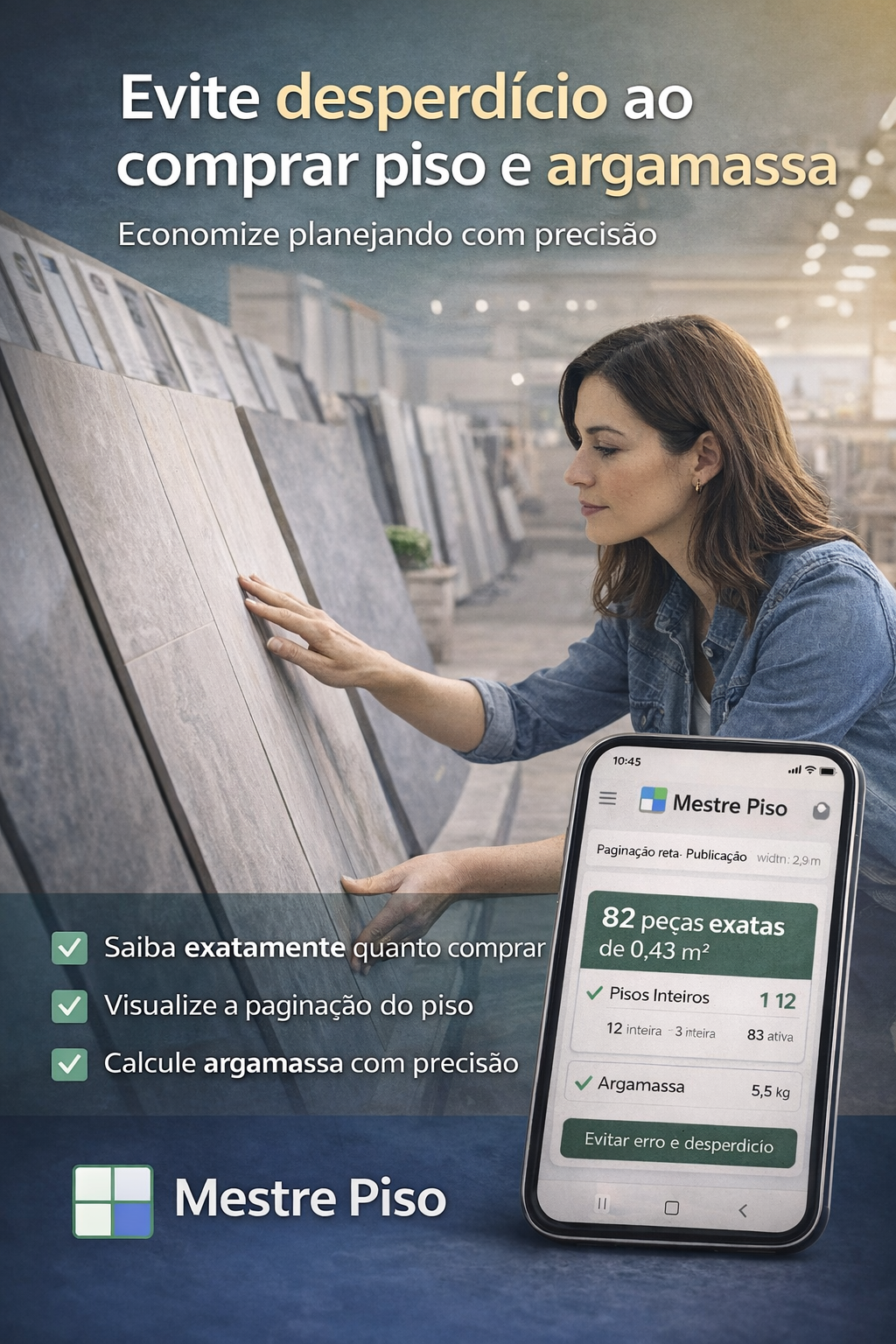 Tela do app Mestre Piso com foco em evitar desperdício